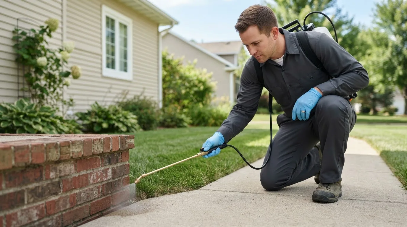 Pest control technician treating a home near Taylorsville, IN