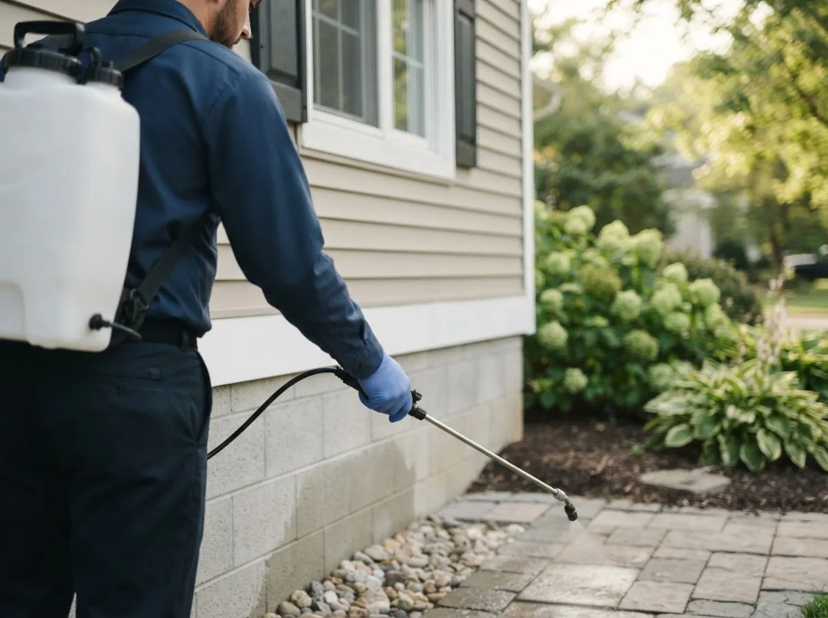 Pest control technician inspecting a home in Taylorsville, IN